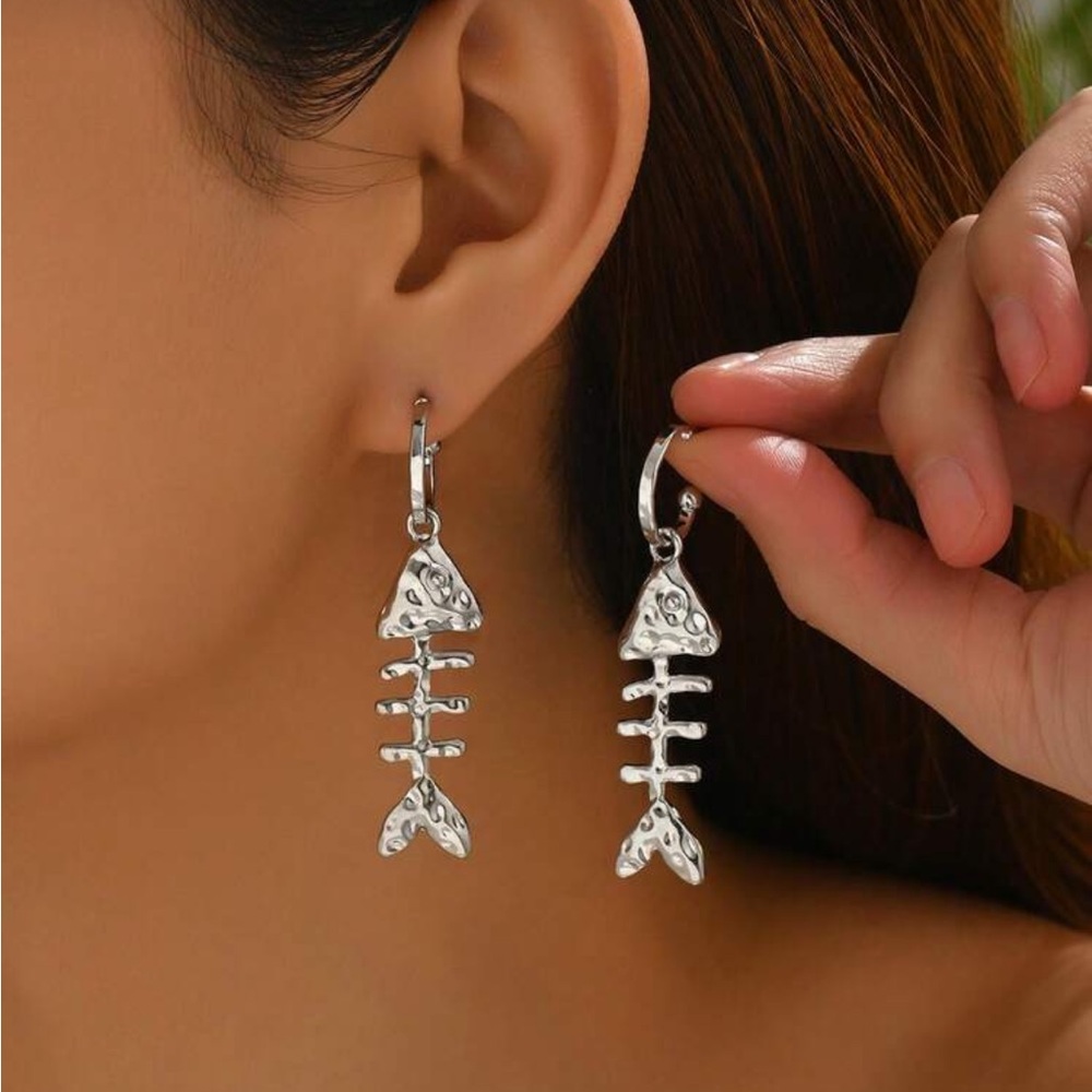 Silver Fishbone Dangle Earrings - Women Jewelry R358